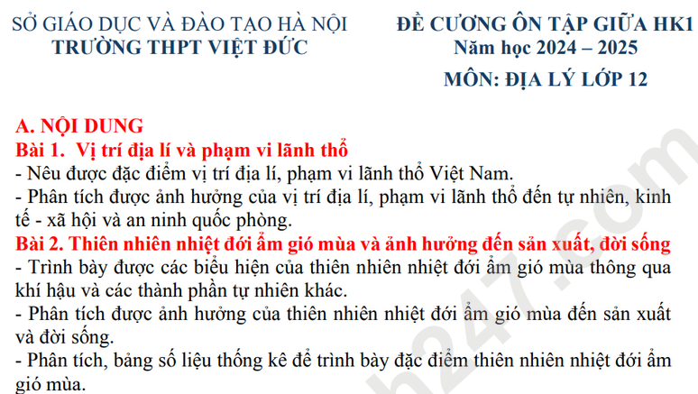 Đề cương ôn tập giữa HK1 lớp 12 môn Địa - THPT Việt Đức 2025