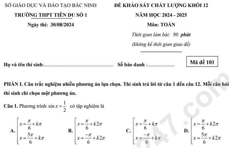 Đề KSCL môn Toán lớp 12 - THPT Tiên Du số 1 năm 2025