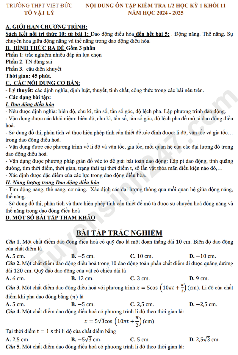 Đề cương ôn tập giữa HK1 lớp 11 môn Lý  - THPT Việt Đức 2025