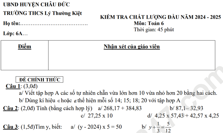 Đề KSCL đầu năm lớp 6 môn Toán 2024 - THCS Lý Thường Kiệt (Có đáp án)