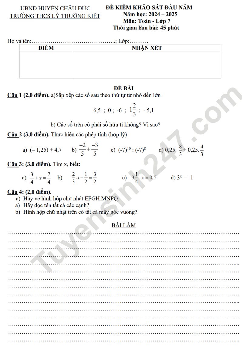 Đề KSCL đầu năm lớp 7 môn Toán - THCS Lý Thường Kiệt (Có đáp án)