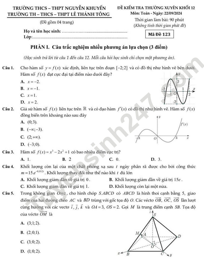 Đề khảo sát lớp 12 môn Toán 2024 THCS - THPT Nguyễn Khuyến 