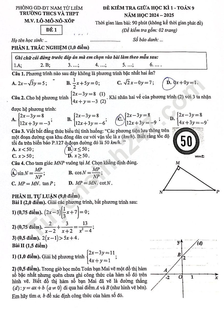 Đề thi giữa HK1 Toán lớp 9 năm 2024 THCS và THPT Lô-Mô-Nô-Xốp