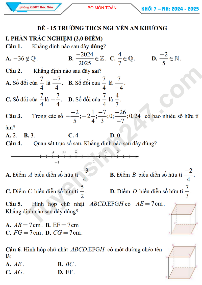 Đề thi giữa HK1 Toán lớp 7 - THCS Nguyễn An Khương 2024 (Đề minh họa)