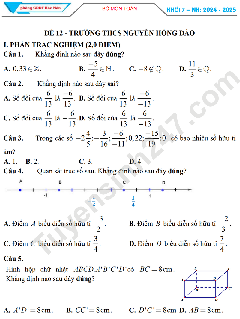 Đề thi giữa HK1 Toán lớp 7 năm 2024 - THCS Nguyễn Hồng Đào (Đề tham khảo)