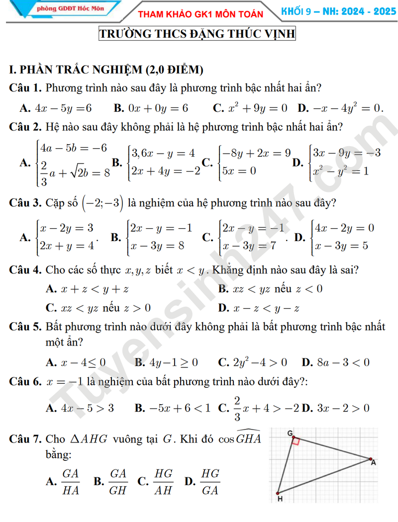 Đề thi giữa HK1 lớp 9 môn Toán - THCS Đặng Thúc Vịnh 2024 (Đề minh họa)