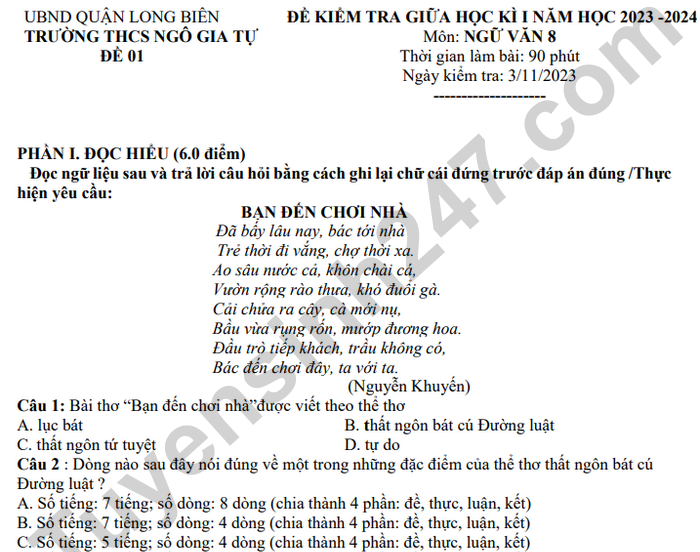 Đề kiểm tra giữa kì 1 lớp 8 môn Văn 2024 - THCS Ngô Gia Tự (Có đáp án)