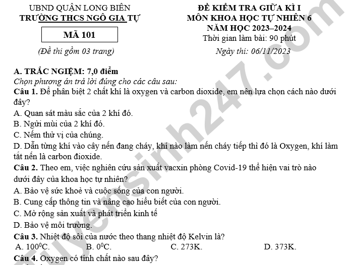 Đề thi giữa kì 1 môn Khoa học tự nhiên 6 - THCS Ngô Gia Tự 2024