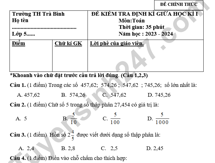 Đề thi giữa kì 1 lớp 5 môn Toán 2024 - TH Trà Bình (có đáp án)