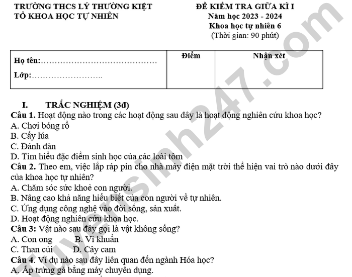 Đề thi giữa kì 1 môn KHTN lớp 6 - THCS Lý Thường Kiệt 2024 (có đáp án)