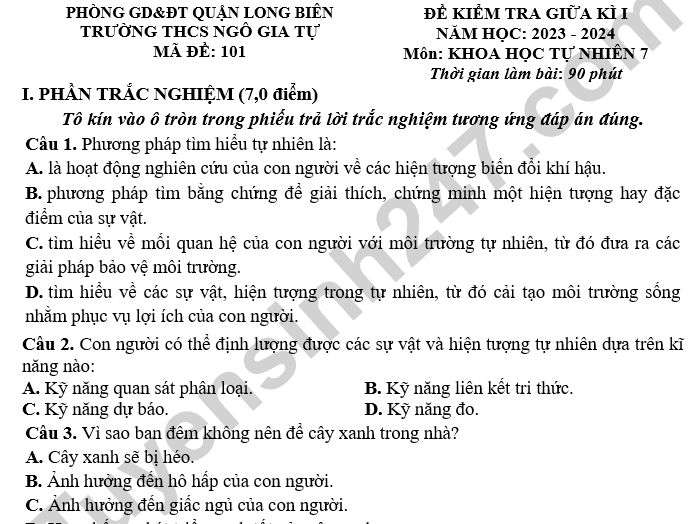 Đề thi giữa kì 1 lớp 7 THCS Ngô Gia Tự 2024 - môn Khoa học tự nhiên