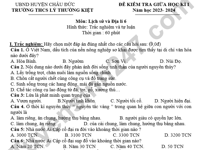 Đề thi giữa kì 1 môn Lịch sử và Địa lí 6 THCS Lý Thường Kiệt 2024 - có đáp án