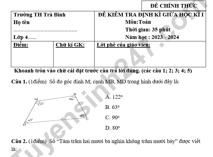 Đề thi giữa kì 1 lớp 4 môn Toán - Tiểu học Trà Bình 2024