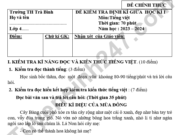 Đề thi giữa kì 1 lớp 4 môn Tiếng Việt 2024 - TH Trà Bình (có đáp án)