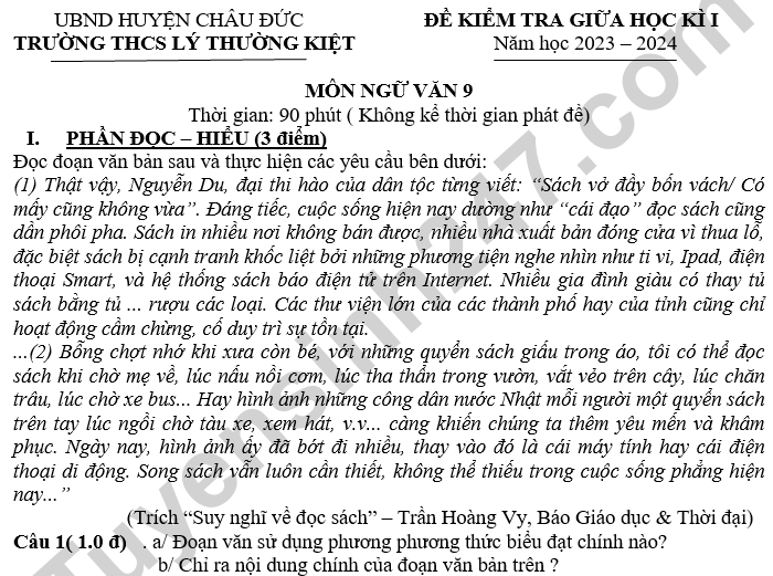 Đề thi giữa kì 1 Văn 9 THCS Lý Thường Kiệt 2024 có đáp án