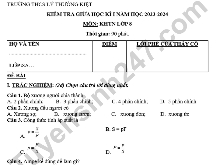 Đề thi giữa kì 1 môn KHTN 8 THCS Lý Thường Kiệt 2024 - có đáp án