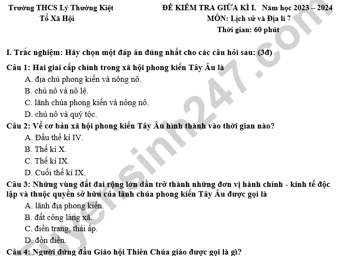 Đề thi giữa kì 1 Lịch sử và Địa lí 7 THCS Lý Thường Kiệt 2024 - có đáp án