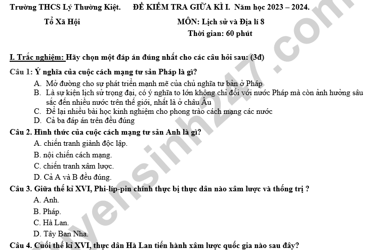 Đề thi giữa kì 1 lớp 8 THCS Lý Thường Kiệt 2024 - môn Lịch sử và Địa lý (có đáp án)