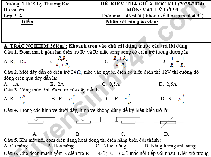 Đề thi giữa kì 1 lớp 9 THCS Lý Thường Kiệt môn Lý 2024 - có đáp án