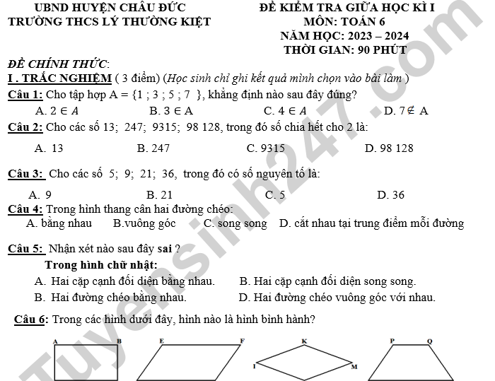 Đề thi giữa kì 1 lớp 6 môn Toán 2024 - THCS Lý Thường Kiệt có đáp án