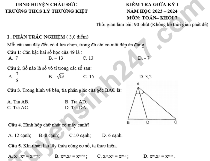 Đề thi giữa kì 1 Toán 7 THCS Lý Thường Kiệt 2024 - có đáp án