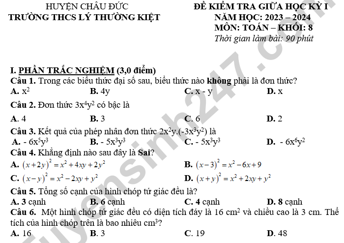 Đề thi giữa kì 1 lớp 8 THCS Lý Thường Kiệt 2024 - môn Toán (có đáp án)