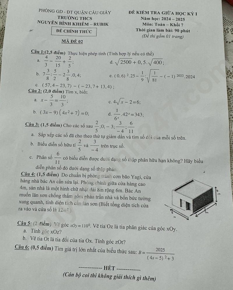 Đề thi giữa kì 1 môn Toán lớp 7 năm 2024 THCS Nguyễn Bỉnh Khiêm - Rubik