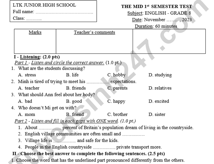 Đề thi giữa học kì 1 lớp 8 môn Anh 2024 - THCS Lý Thường Kiệt (có đáp án)