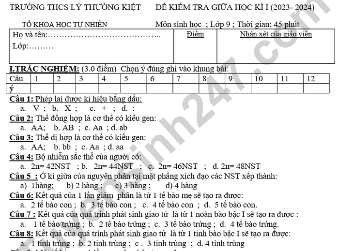 Đề kiểm tra giữa kì 1 lớp 9 môn Sinh 2024 - THCS Lý Thường Kiệt có đáp án