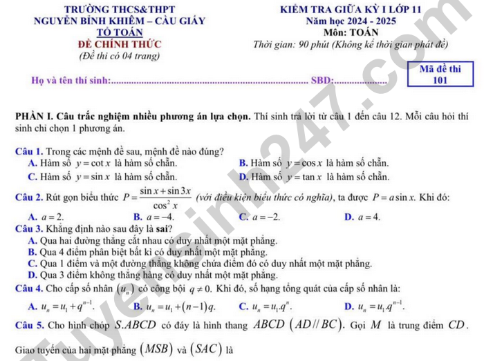 Đề thi giữa kì 1 THCS&THPT Nguyễn Bỉnh Khiêm 2024 - Toán lớp 11