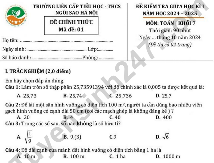 Đề kiểm tra giữa kì 1 lớp 7 môn Toán - TH&THCS Ngôi Sao Hà Nội 2024