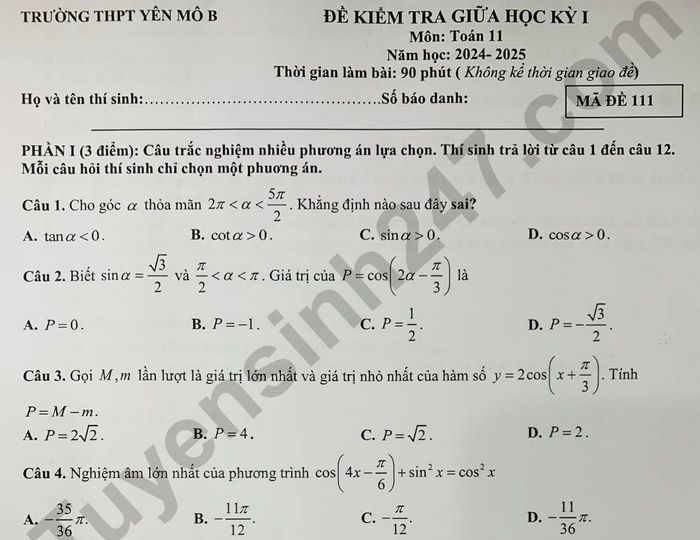 Đề thi giữa kì 1 môn Toán lớp 11 - THPT Yên Mô B năm 2024