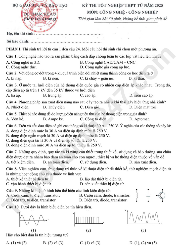 Đề minh họa tốt nghiệp THPT môn Công nghệ - Công nghiệp 2025 (Có đáp án)