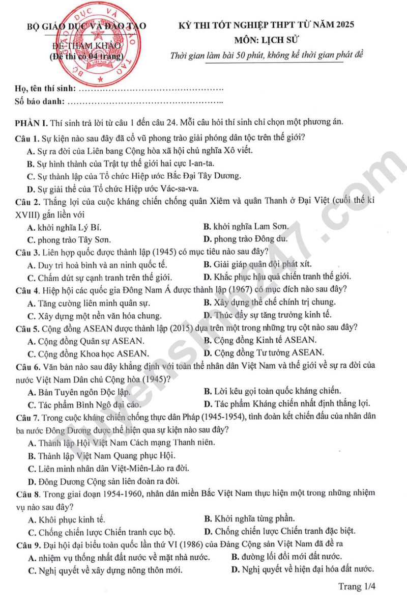 Đề minh họa tốt nghiệp THPT môn Sử 2025 (có đáp án)
