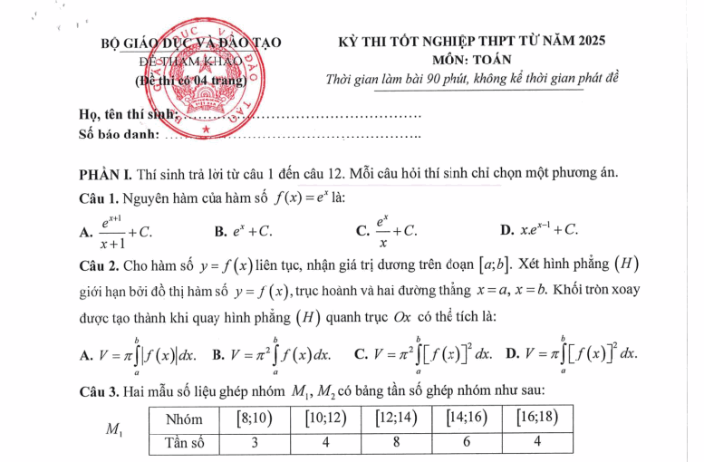 Đề minh họa tốt nghiệp THPT năm 2025 - Tất cả các môn 