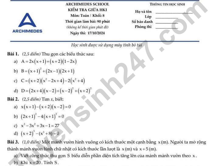 Đề thi giữa kì 1 lớp 8 môn Toán năm 2024 - Archimedes School