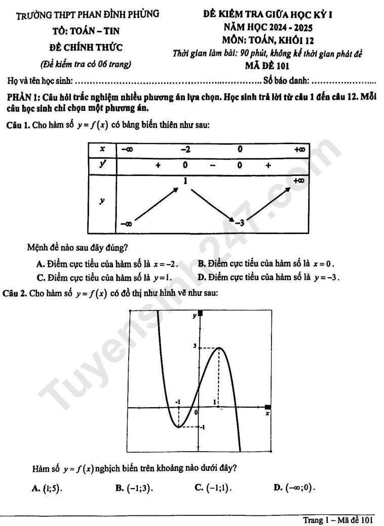 Đề thi giữa kì 1 môn Toán lớp 12 - THPT Phan Đình Phùng 2024