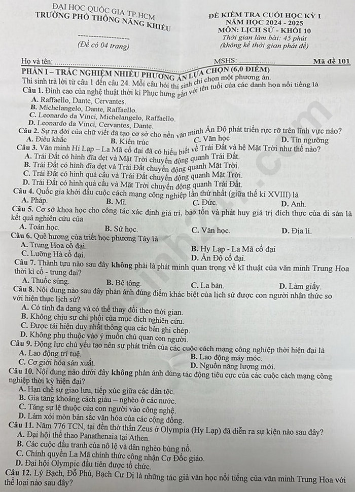 Đề thi giữa kì 1 lớp 10 môn Sử năm 2024 - Trường Phổ thông năng khiếu