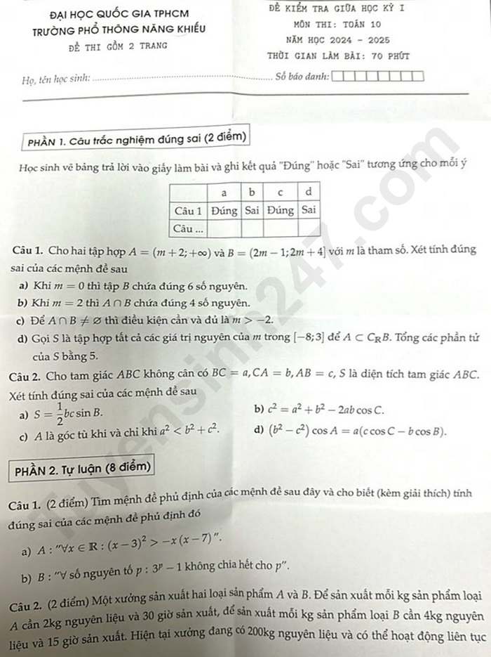 Đề thi giữa kì 1 lớp 10 môn Toán năm 2024 - Trường Phổ thông năng khiếu