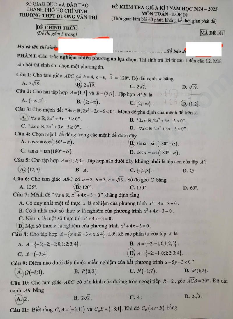 Đề thi giữa học kỳ 1 lớp 10 môn Toán - THPT Dương Văn Thì 2024