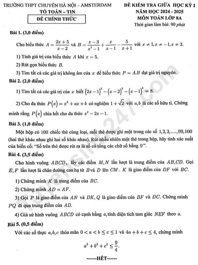 Đề thi giữa học kì 1 môn Toán lớp 8 - Chuyên Amsterdam 2024