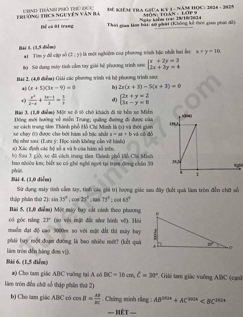 Đề thi giữa kì 1 môn Toán lớp 9 năm 2024 - THCS Nguyễn Văn Bá