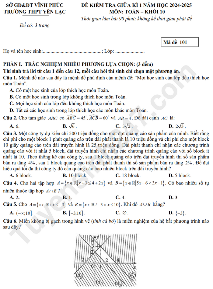 Đề thi giữa học kỳ 1 môn Toán lớp 10 - THPT Yên Lạc 2024