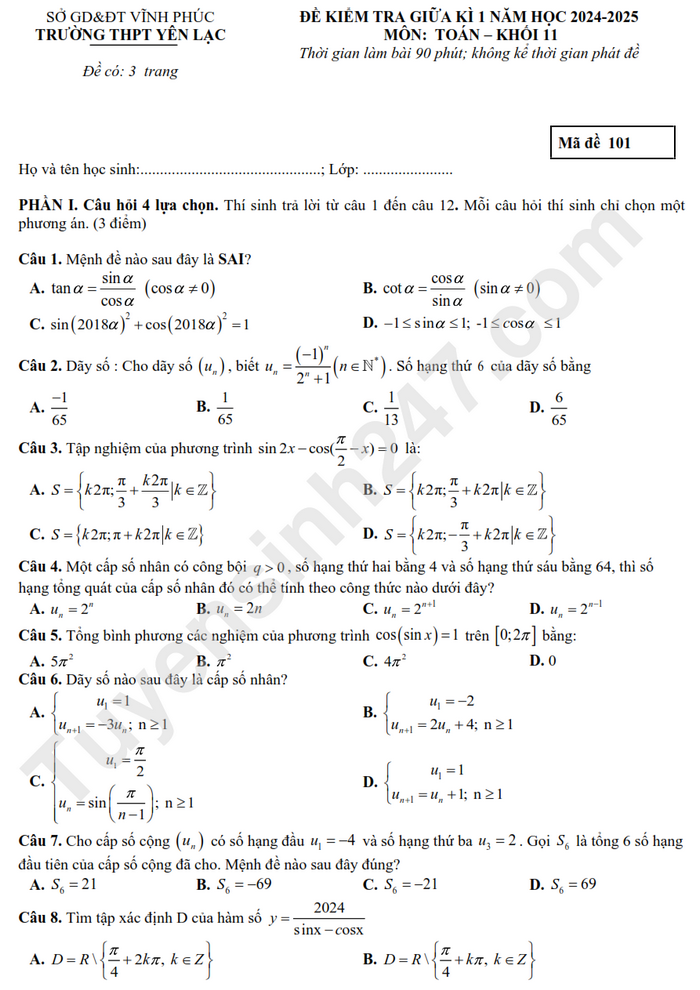 Đề thi giữa học kỳ 1 môn Toán lớp 11 - THPT Yên Lạc 2024