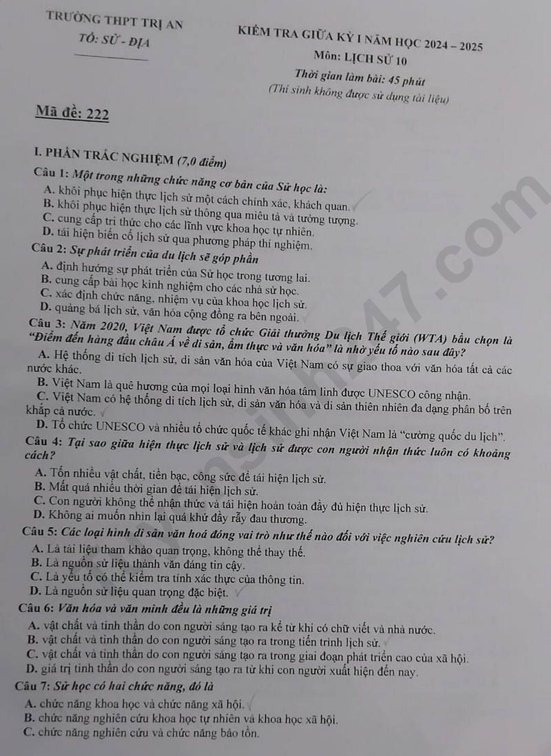 Đề thi giữa HK1 lớp 10 môn Sử - THPT Trị An năm 2024