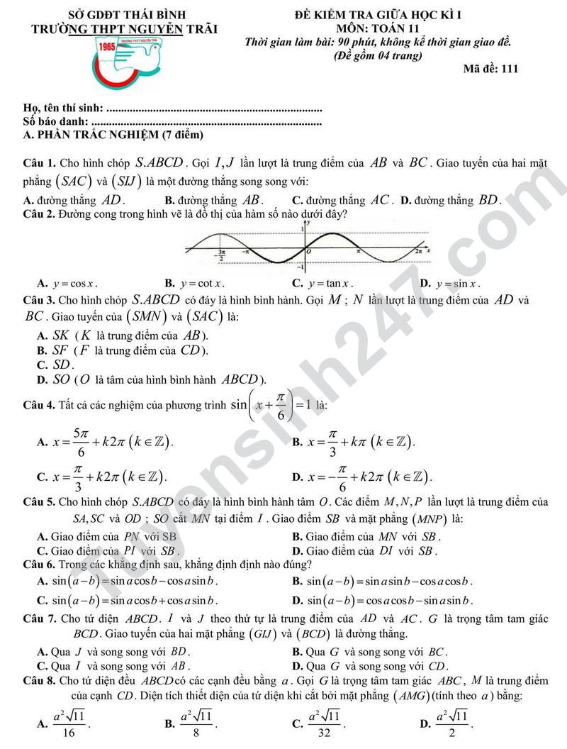 Đề thi giữa học 1 lớp 11 Toán 2024 - THPT Nguyễn Trãi