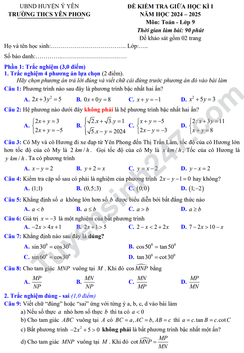 Đề thi giữa kỳ 1 lớp 9 môn Toán - THCS Yên Phong 2024 (Có đáp án)