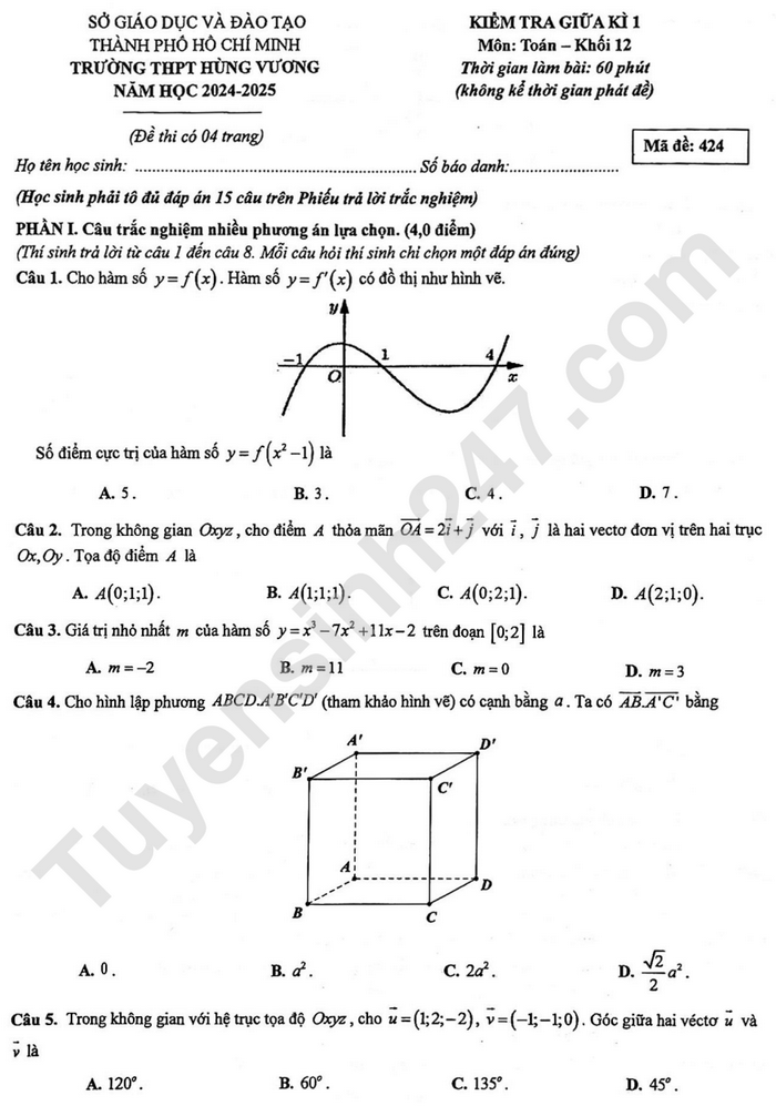 Đề thi giữa kỳ 1 lớp 12 môn Toán - THPT Hùng Vương 2024