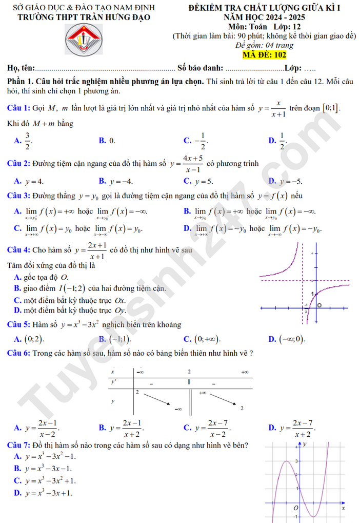 Đề thi giữa kì 1 lớp 12 môn Toán năm 2024 - THPT Trần Hưng Đạo