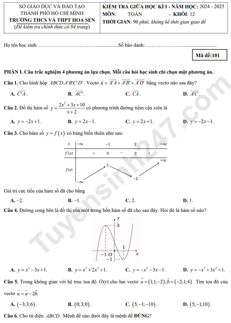 Đề thi giữa học kì 1 môn Toán lớp 12 - THCS và THPT Hoa Sen 2024 (Có đáp án)